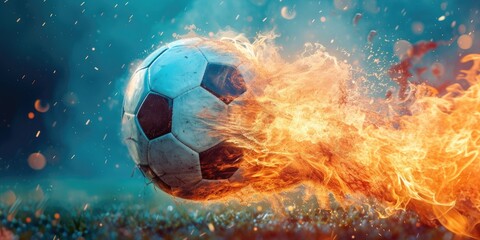 Fototapeta premium Football with fire aura. champion tournament banner. Generative AI