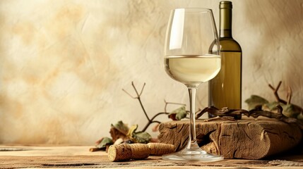 White wine and old snag on a beige background - obrazy, fototapety, plakaty