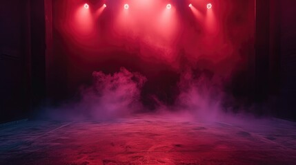 The dark stage shows, dark red background, an empty dark scene, neon light, and spotlights The concrete floor and studio room with smoke float up the interior texture for display products