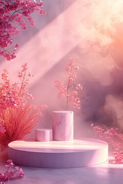 podium with Romantic background, mockup display stand for product presentation, hyper detailed, photorealistic, 16K, ultra realistic, no watermark - generative ai