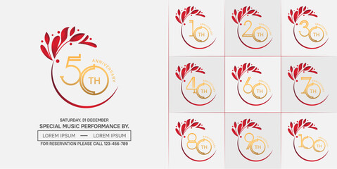 set of anniversary logotype golden color with red swoosh and ornament for special celebration event
