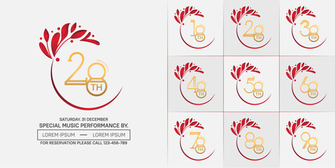 set of anniversary logotype golden color with red swoosh and ornament for special celebration event