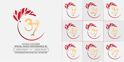 set of anniversary logotype golden color with red swoosh and ornament for special celebration event