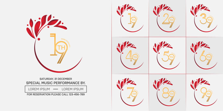 set of anniversary logotype golden color with red swoosh and ornament for special celebration event