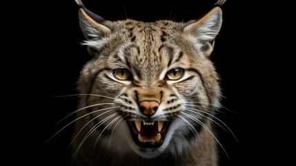 Fierce bobcat portrait on dark background, capturing its intense and powerful essence. - obrazy, fototapety, plakaty