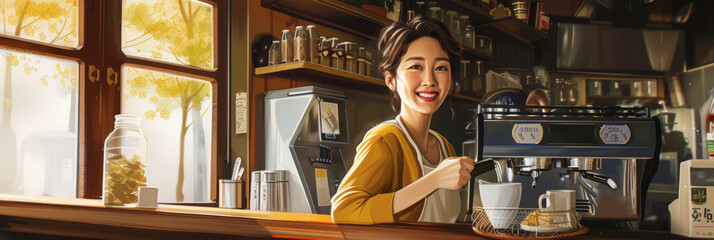 Fototapeta premium a smiling woman at the counter in a traditional coffee shop, generative AI