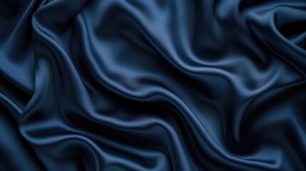 Silk satin fabric. Navy blue color. Elegant background with space for design. Soft wavy folds. Christmas