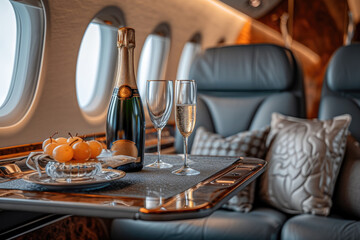 Luxury airline with A set of glasses and champagne. Generative AI