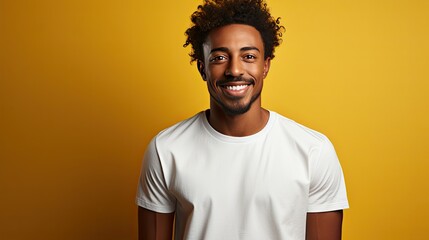  Studio shot of cheerful beautiful African man in white t - shirt and stand smiling with braces on yellow background.  - obrazy, fototapety, plakaty