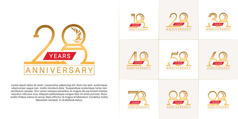 Fototapeta premium set of anniversary logotype golden color with ornament and red ribbon for special celebration event