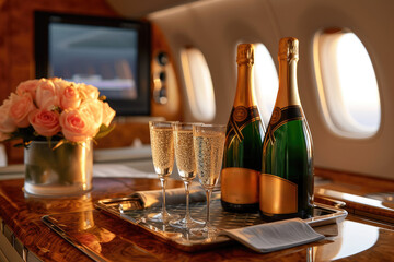 Luxury airline with A set of glasses and champagne. Generative AI