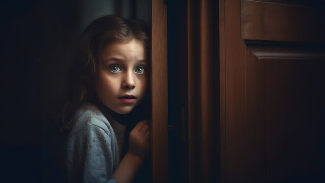 A young girl hiding behind a doorway or playing hide and seek. A child eavesdropping. A pensive or even fearful expression. 