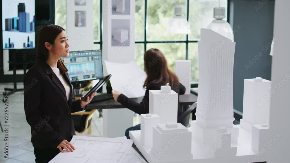 Poster architect working with project blueprint and cad software, taking measurements with 3d building mode