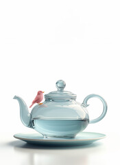 Pretty clear, polished glass teapot with little bird and soft cloud. dreamy and surreal blue glossy tea pot. 3d object on kitchen utensil idea, isolated on white plain with copy space for advertising