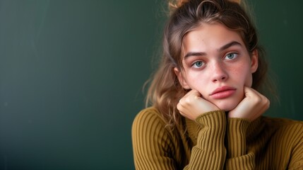 19 year old woman looking at the camera, pondering expression, blue eyes, plain green background, space for text 