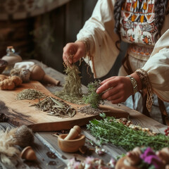 Hands of a spiritual medicine woman preparing an herbal remedy on a wooden table; fresh herbs and plants. Female shaman at work on a natural preparation for holistic healing and wellness. naturopathy - obrazy, fototapety, plakaty