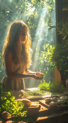 a charming young herbalist in her wooden house prepares natural herbs for an ancient herbal healing remedy. Traditional medicine and naturopathy. Soft, poetic lighting at dawn. nostalgic image 