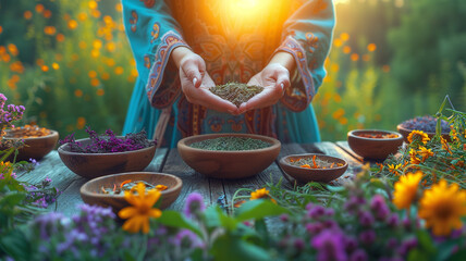 Hands of a spiritual medicine woman burning medicinal herbs in a bowl; sacred ritual smoke for purification and healing of soul and body. natural preparation of a shaman healer, for holistic healing - obrazy, fototapety, plakaty
