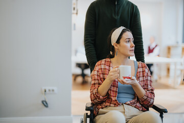 Candid moment at an inclusive office space, showcasing a woman in a wheelchair engaged in...