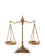 Antique balance scale with two plates and chain. Retro object for clipping path on plain background with copy space. Vintage Libra isolated on white background. Symbol of equality, justice, lawyer