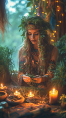 Spiritual medicine woman preparing medicinal herbs in magical atmosphere with lit candles; sacred ritual remedy for healing soul and body. natural medicines of a mystical shaman healer.