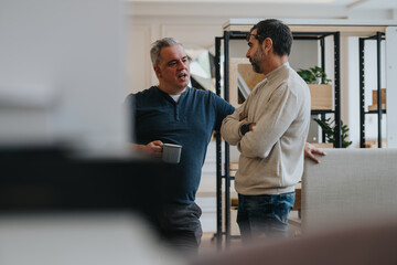 Two male colleagues stand together in an office setting, enjoying a relaxed conversation over...