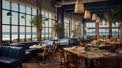 Coastal seafood restaurant interior with nautical-themed decor and large windows overlooking the ocean