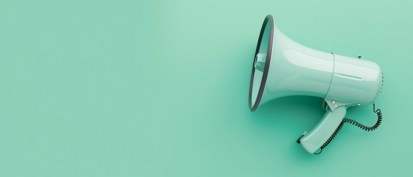 modern megaphone representing the spread of digital marketing messages, isolated  on  a green background with copy space.