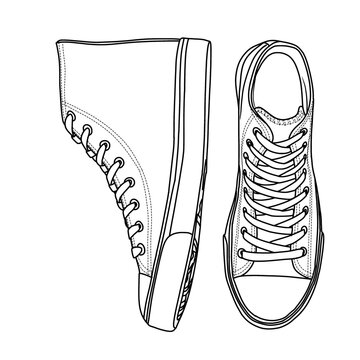 Technical sketch drawing of Mens High Top Sneakers Line art, suitable for your custom sneakers Shoes design, outline vector doodle illustration, side and top view isolated on white background