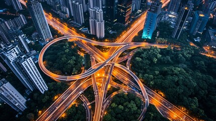 Night aerial view of busy city highway intersection with car traffic and urban infrastructure
