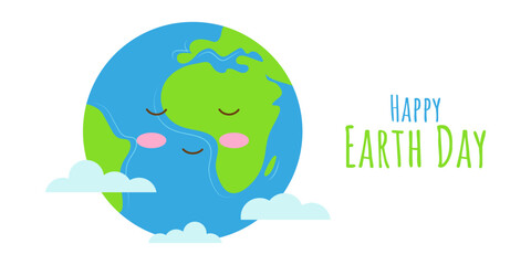 Earth Day cute funny character white background. Smiling planet in clouds. Banner, Poster, Postcard Design. Vector.