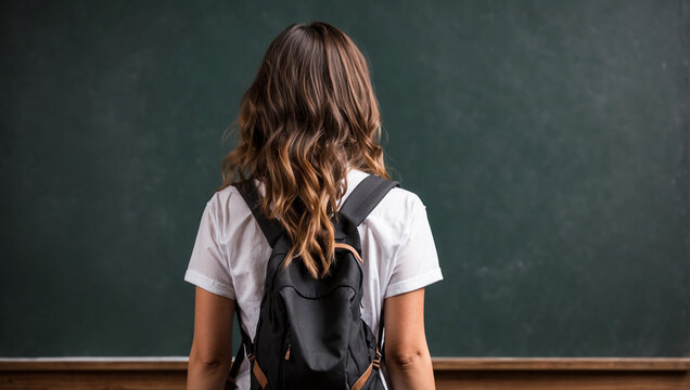 back view female student with a blackboard background