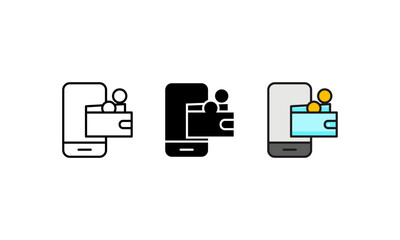 Three variations of a smartphone with a digital wallet and coins. Perfect for finance, cryptocurrency, mobile payment concept illustrations.