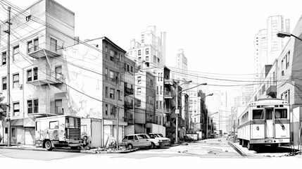 Contemporary black and white line drawing of an urban street scene, capturing the essence of modern city life with clean architectural lines