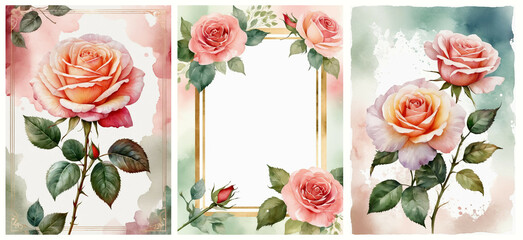3d illustration of flowers roses composition with frame for invitation. Pattern bouquet for greeting card, background, postcard or flyer. Style watercolor