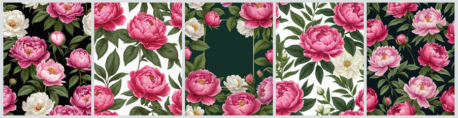 3d illustration of Peonies. Greeting card for wedding invitation  from buds, leaves with frame.  Pattern bouquet for background, postcard or flyer.