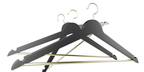 Three piece of black cloth hangers with golden pipe next to each other, isolated on a transparent background. 
