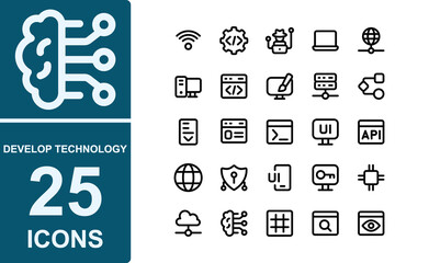 set outline icons related to technology and development.contains wifi,development,hacker,laptop,internet,network,desktop,design,web,database,programming,software,ui, interface.vector illustration.