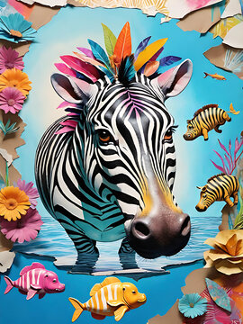 Abstract painting depicting a zebra standing amidst a vibrant array of flowers and swimming fish.