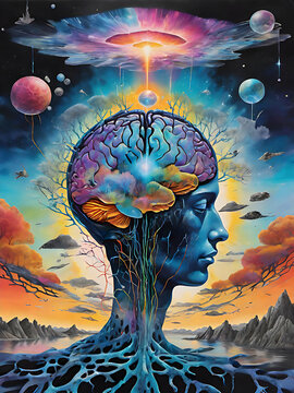 Surreal abstract painting depicting a person head with a tree growing out of it, against abstract colourful landscape 