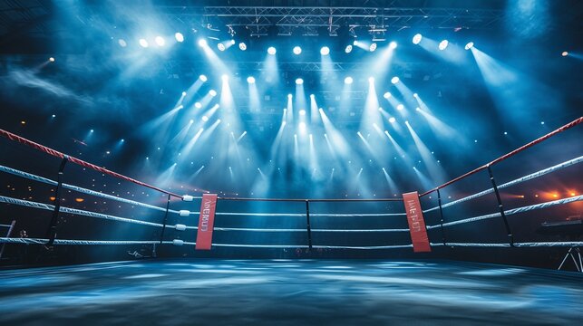 Professional boxing ring in arena, ideal for thrilling sporting events and high stakes competitions