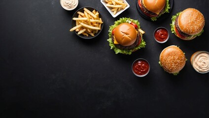 Obraz na płótnie Canvas Top view potato burger and sauce on empty black background, advertising space, copy space