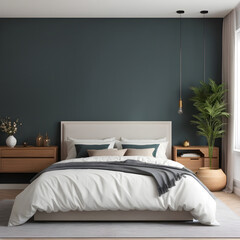Cozy modern dark bedroom. Wall mock up