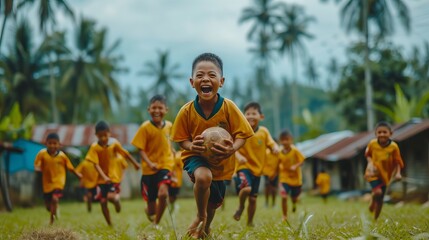 Fototapeta na wymiar Children s soccer training boys joyfully chasing football in grass field during soccer practice