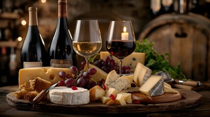 arranged wine and cheese pairing showcasing an array of artisanal cheeses and carefully curated wine selection, set against a rustic backdrop for an inviting ambiance