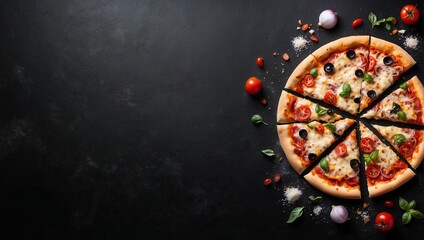 Obraz na płótnie Canvas Top view pizza on empty black background, advertising space, copy space