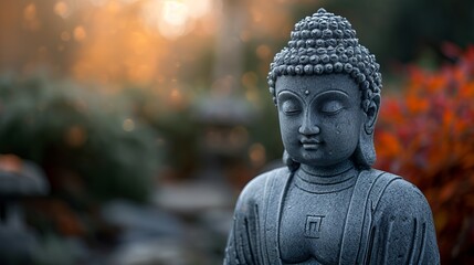 Serene buddha statue in meditation pose at ancient temple, zen mindfulness concept