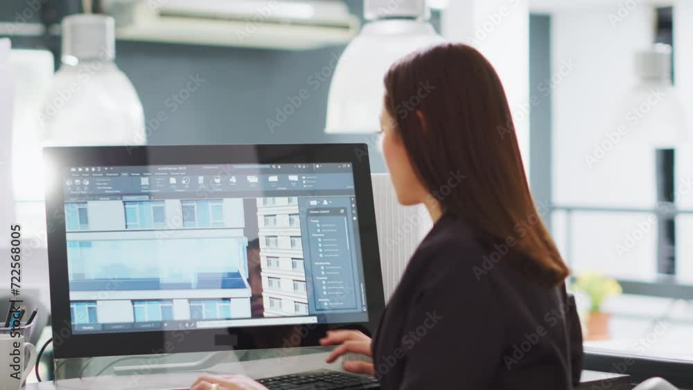 Poster creative developer designing building models on 3d software, working on creating construction layout