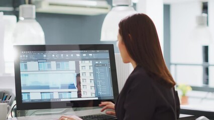 Creative developer designing building models on 3d software, working on creating construction layout at workstation. Woman undergoing architecture task with cad program, startup agency.