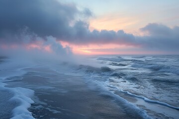 Fototapeta premium mesmerizing frost, a dance of sea and steam, Generative AI